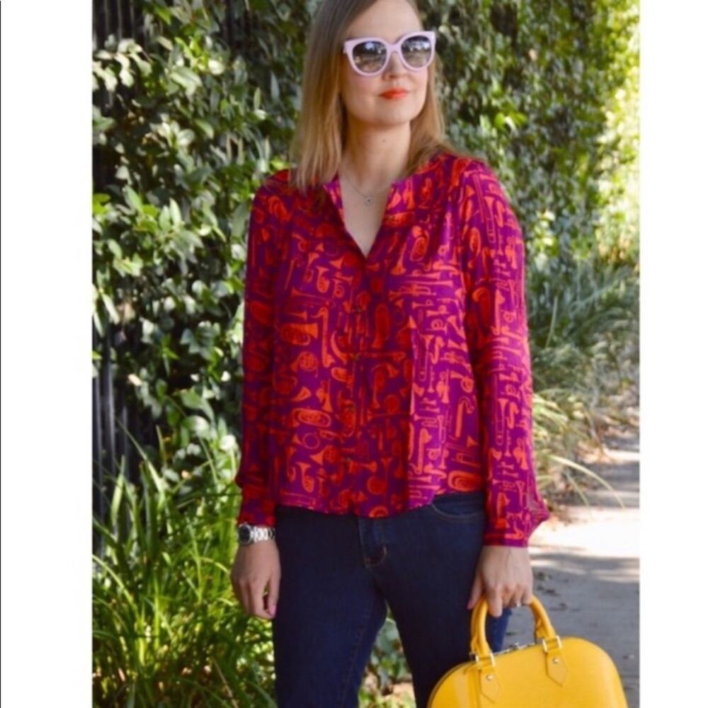 Anthropologie Toot Your Horn 22 of 52 Conversations Instrumet Shirt Blouse 2 XS - Picture 2 of 9
